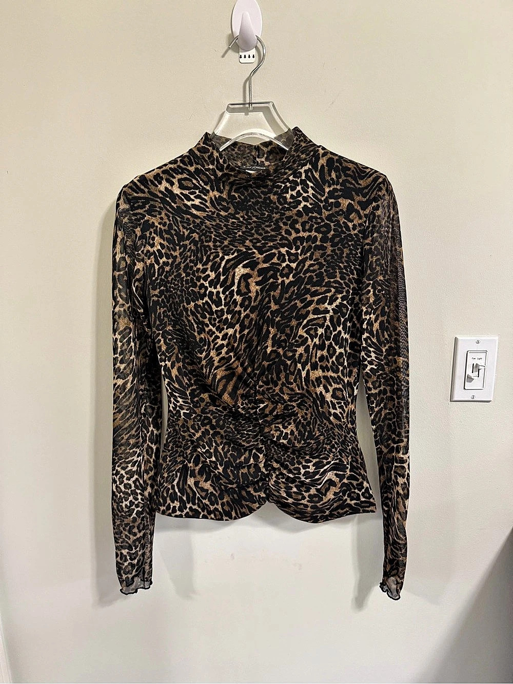 Kay Celine Vintage Leopard Mesh Top Mock Neck Ruched Long Sleeve M